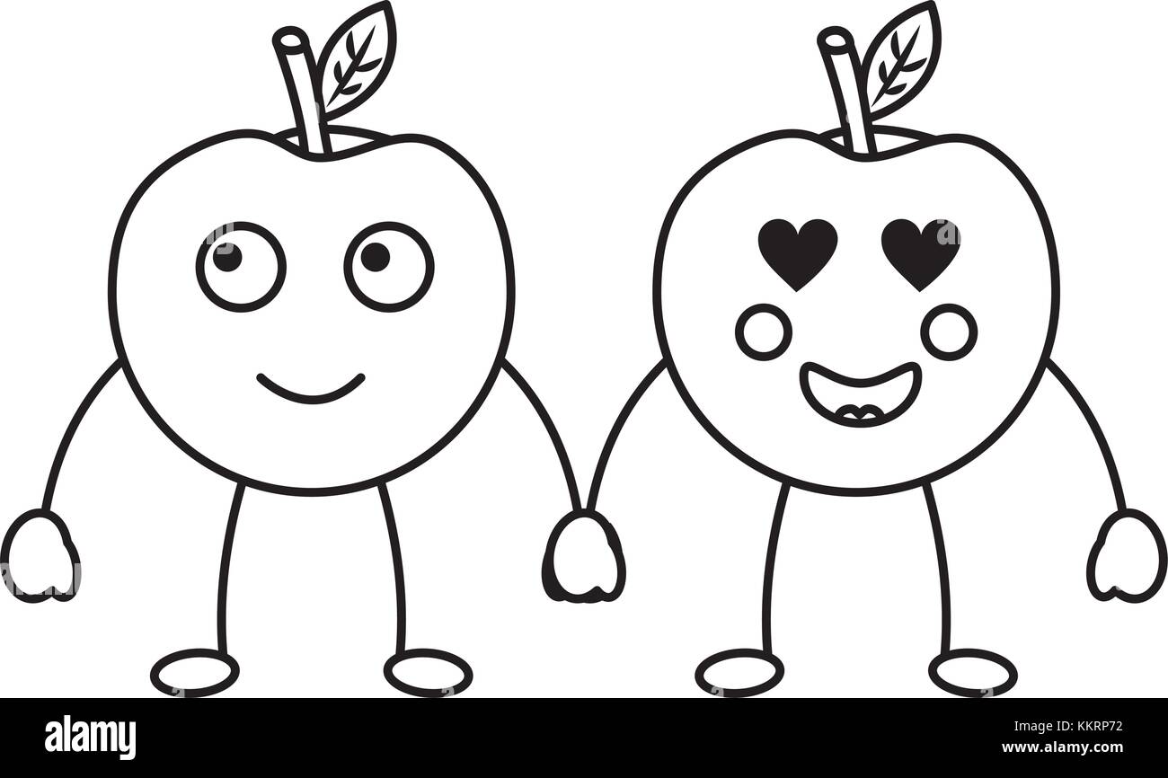 kawaii two cartoon fruit apple holding hands Stock Vector