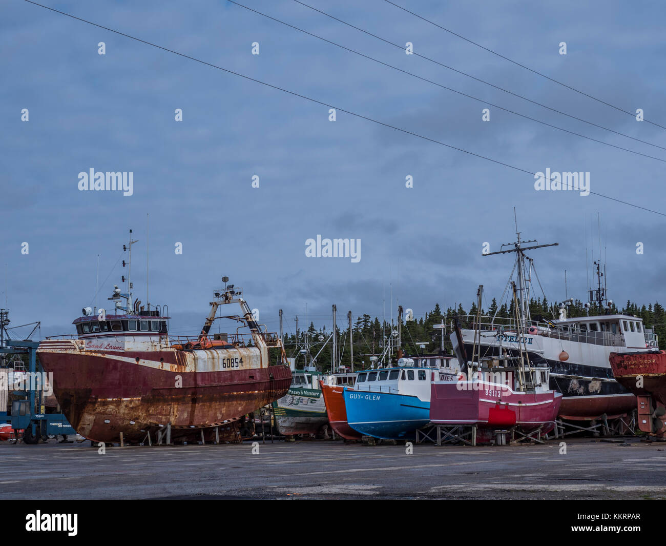 Boats in drydock, Port Saunders Marine Service Centre, Port Saunders, Highway 430, the Viking Trail, Newfoundland, Canada. Stock Photo
