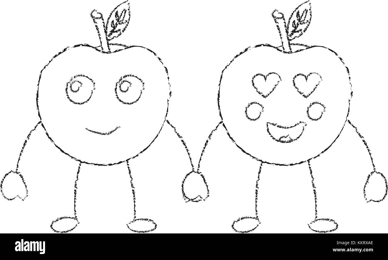 kawaii two cartoon fruit apple holding hands Stock Vector