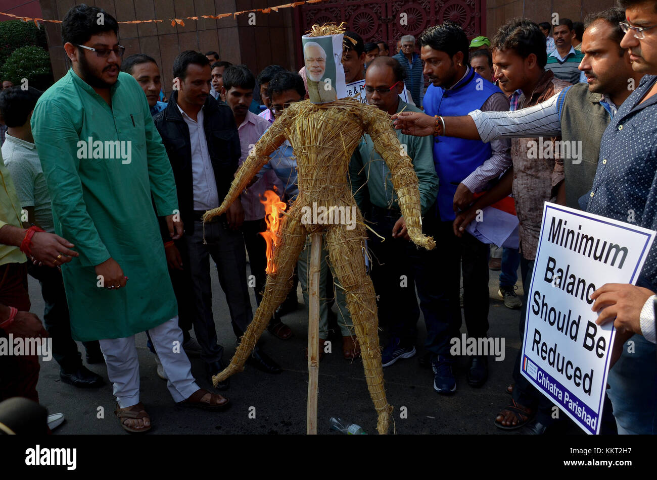 Kolkata, India. 01st Dec, 2017. Chatra Parishad supporters burns effigy of Indian Prime Minster Narendra Modi during a protest against Union Government and various issues in Kolkata. Chatra Parishad, student wing of the India National Congress supporters during a protest gathering against Union Government and various issues in front of Reserve Bank of India regional office in Kolkata, India on December 01, 2017. Credit: Sanjay Purkait/Pacific Press/Alamy Live News Stock Photo