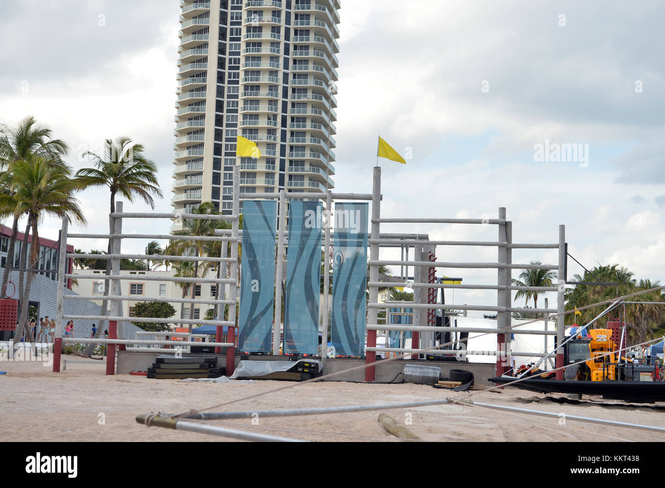 MIAMI BEACH, FL - MARCH 04: Actor's Zac Efron, Dwayne Johnson, Sports Illustrated model Kelly Rohrbach and actress Ilfenesh Hadera on the beach filming a scene for their new movie Baywatch on March 4, 2016 in Miami Beach, Florida.   People:  Atmosphere Stock Photo