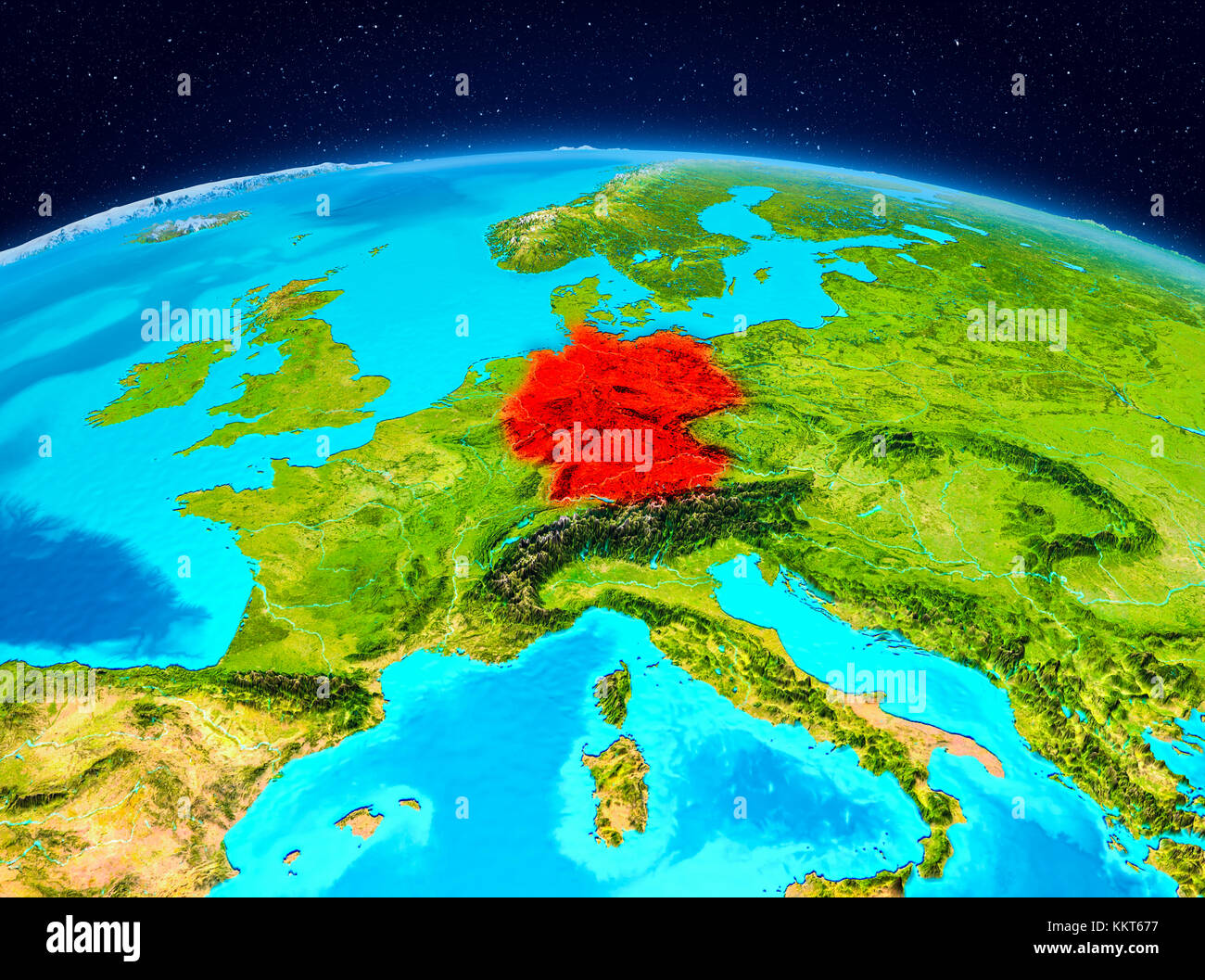 Satellite view of Germany highlighted in red on planet Earth. 3D illustration. Elements of this image furnished by NASA. Stock Photo