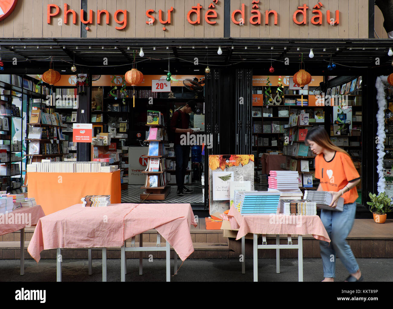 HO CHI MINH CITY, VIET NAM, Book street with many bookstore at center of city, publishing company show colorful books outdoor of shop Stock Photo