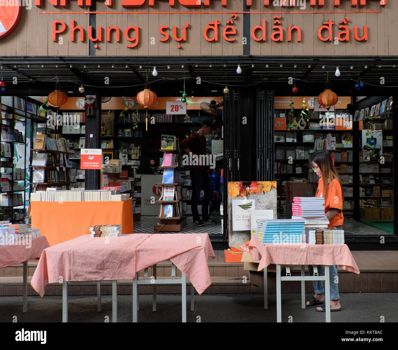 HO CHI MINH CITY, VIET NAM, Book street with many bookstore at center of city, publishing company show colorful books outdoor of shop Stock Photo