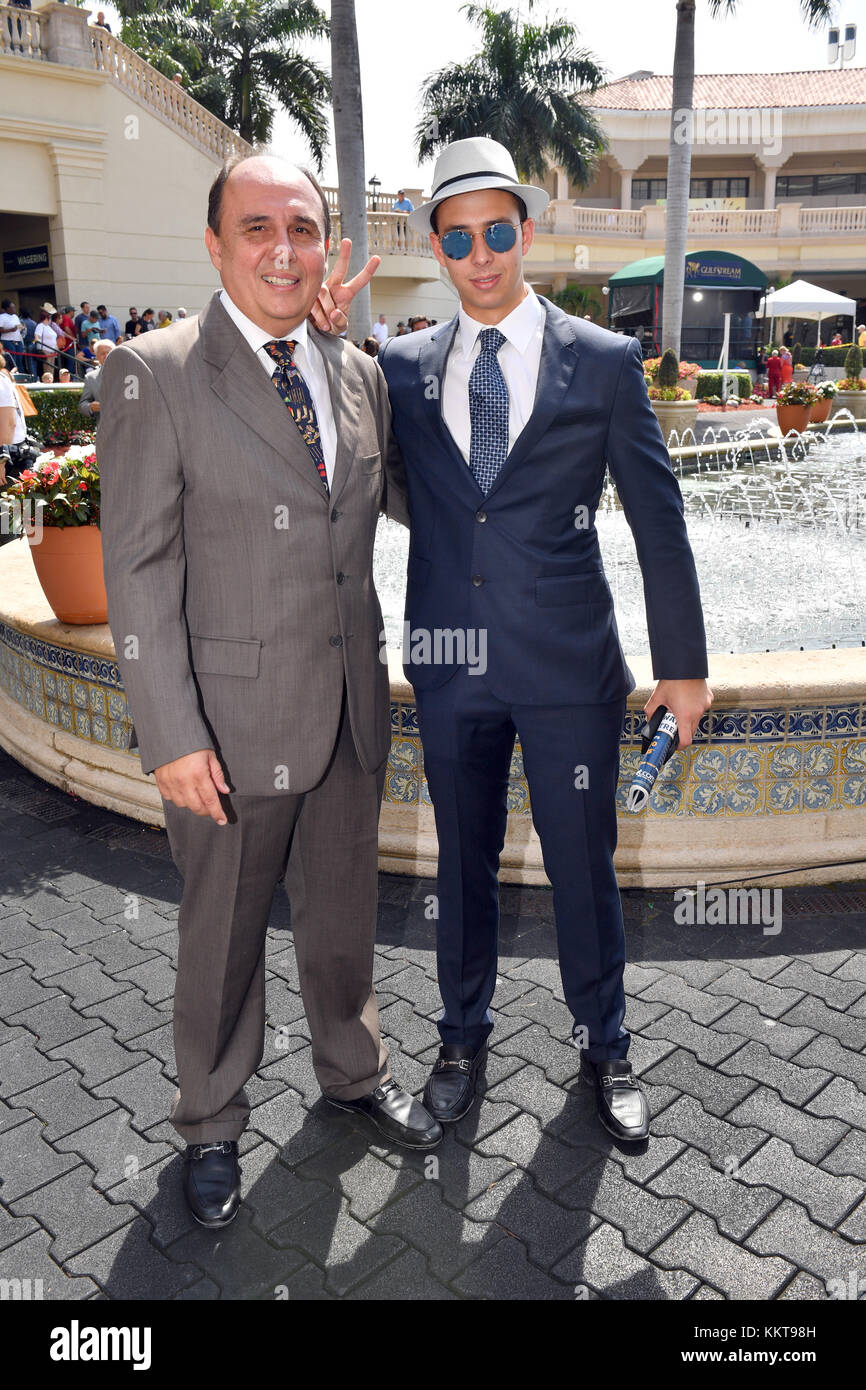 HALLANDALE, FL - APRIL 01: Antonio Sano went from being kidnapped twice in Venezuela to training a Kentucky Derby contender. Seen here at the 66th running of the Xpressbet Florida Derby (Grade 1) which has a 1 million dollar purse at Gulfstream Park on April 1, 2017 in Hallandale, Florida   People:  Antonio Sano, Alex Sano Stock Photo