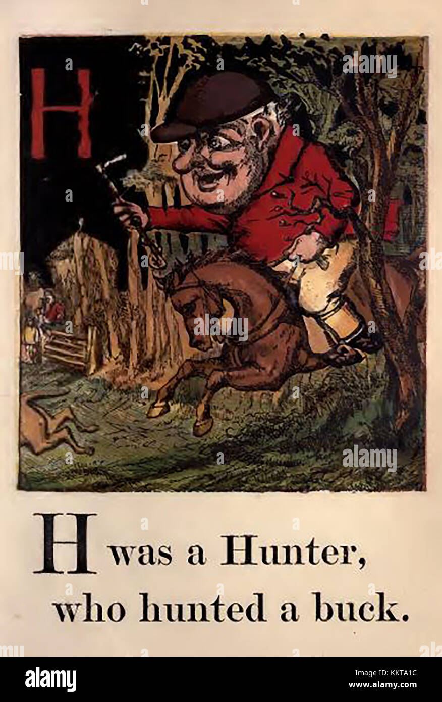 An historic  coloured Victorian children's ABC book illustration - H for Hunter chasing a hind (deer) Stock Photo