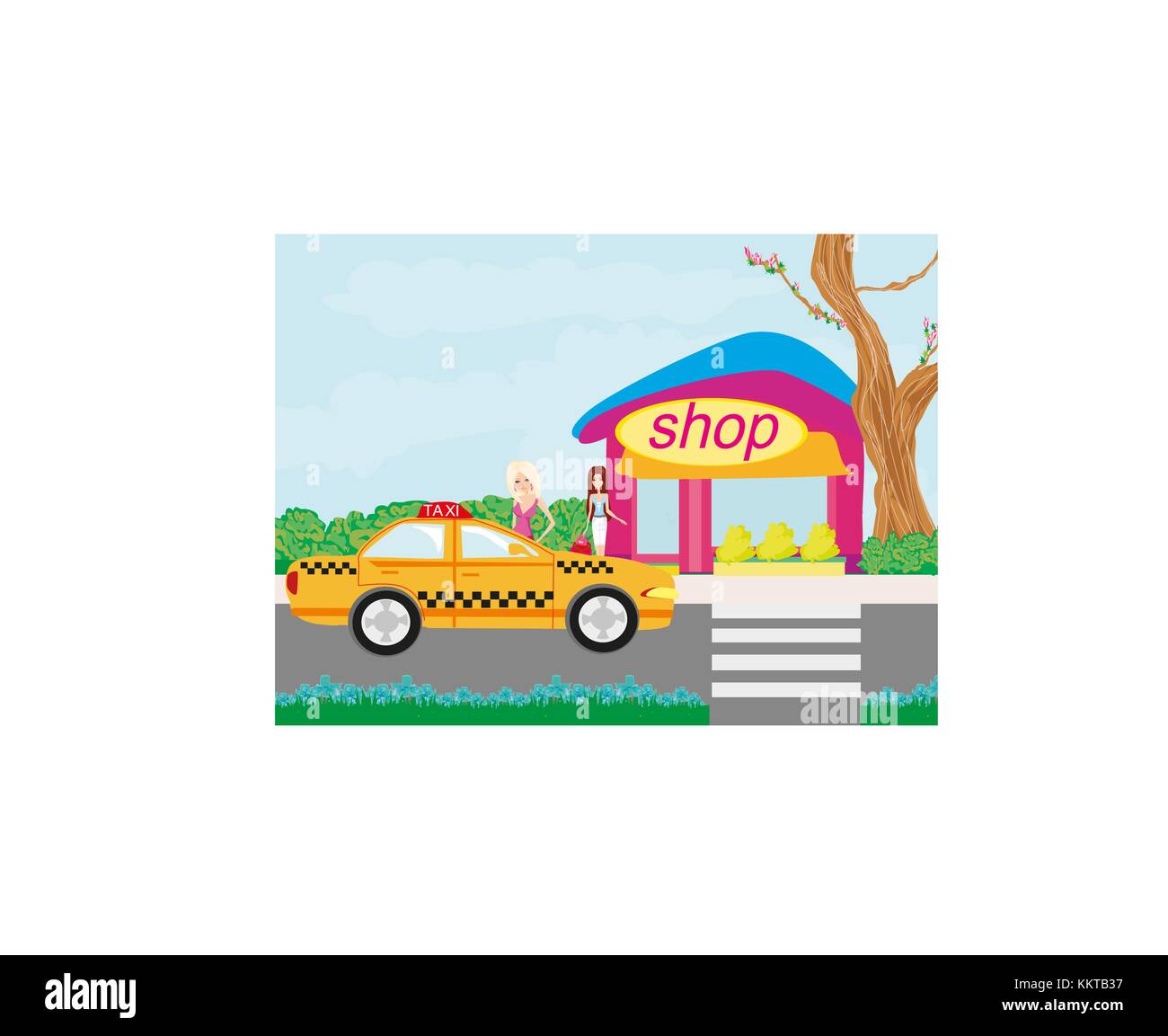 Taxi in front of the shop Stock Vector