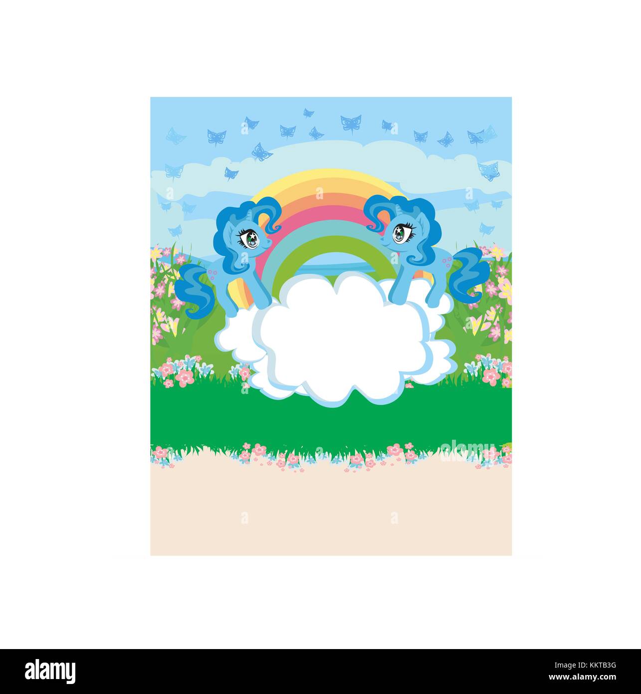Card with a cute unicorns, rainbow and flowery meadow Stock Vector ...