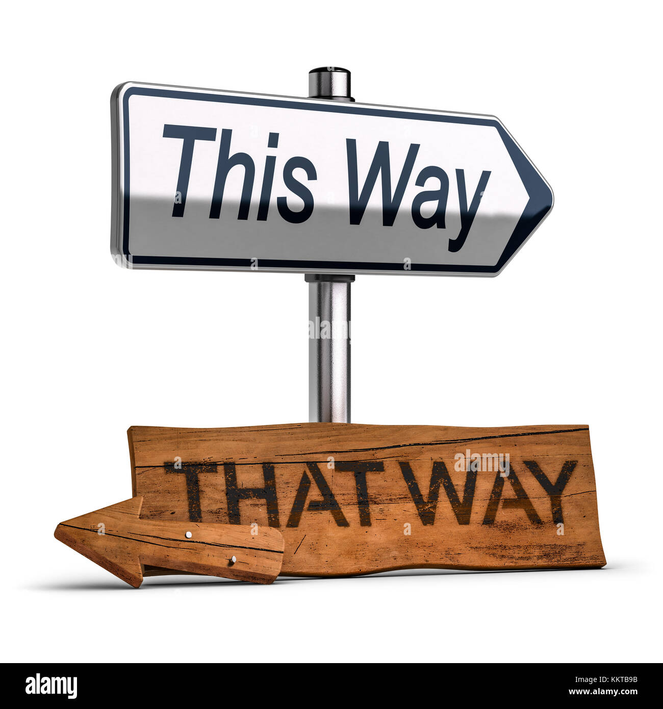 3D illustration of a wooden road signs pointng the past and an another one pointng the future over white background. Concept of making the right choic Stock Photo