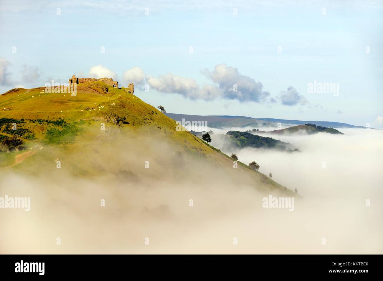 Castell Dinas Bran, Llangollen, Denbighshire, Wales. On an Iron Age site, the stone castle dates from 13 C. Summer morning mist Stock Photo