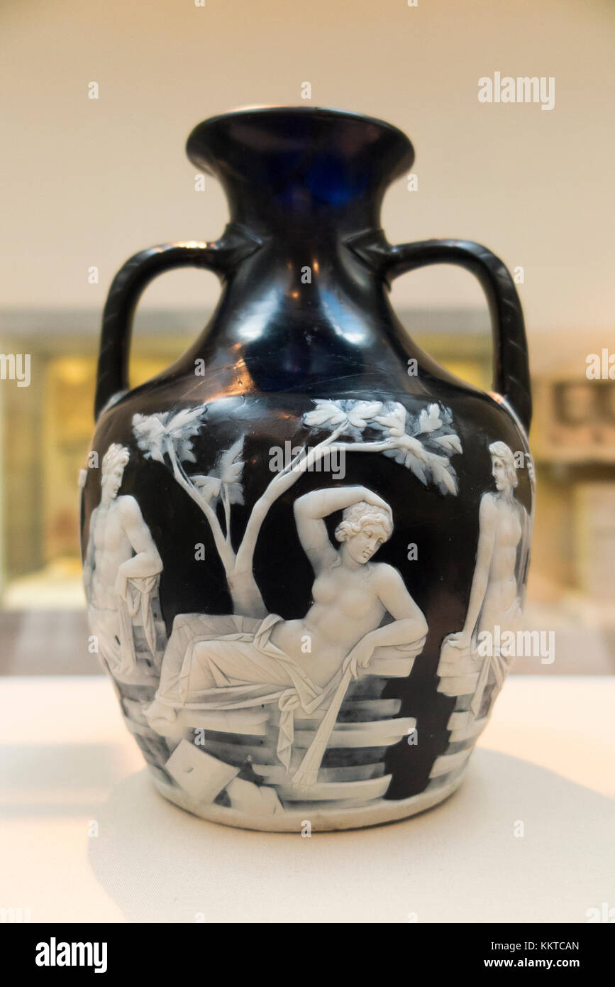 Portland Vase on display in the British Museum, London. It is a Roman