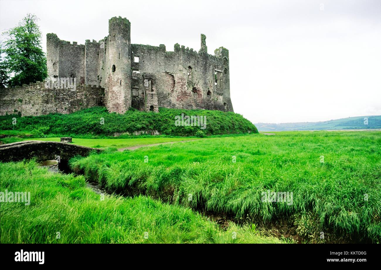 Laugharne Castle on the estuary of the River Taf, near St. Clears, Carmarthenshire, southwest Wales, UK Stock Photo