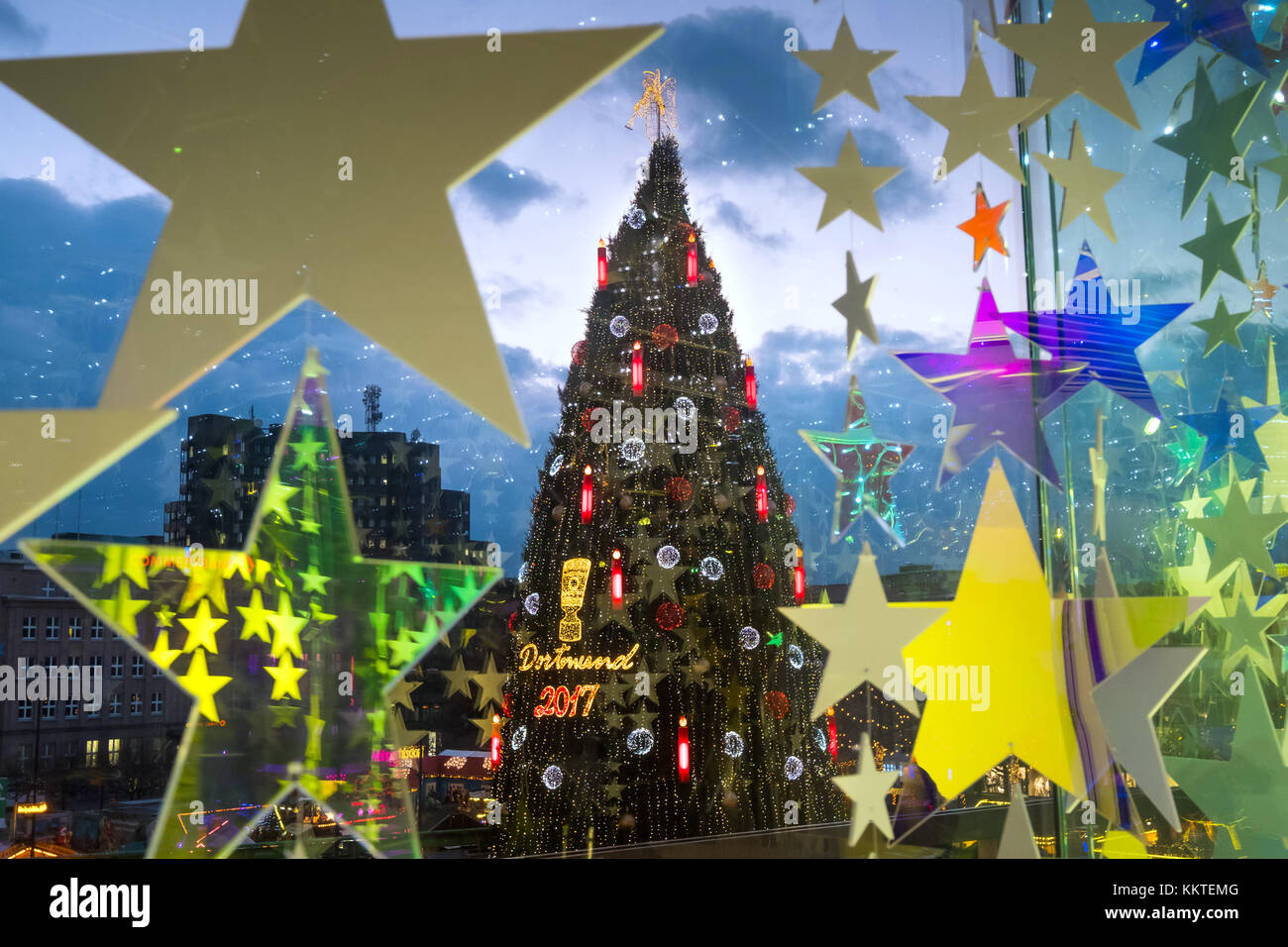 The world´s highest Cristmas Tree on the Christmas Market in Dortmund, Germany Stock Photo