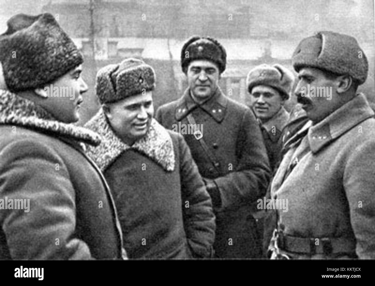 Hero of the Soviet Union Madoyan talks to Malinovsky and Khrushchev 16 February 1943 Rostov on Don Stock Photo