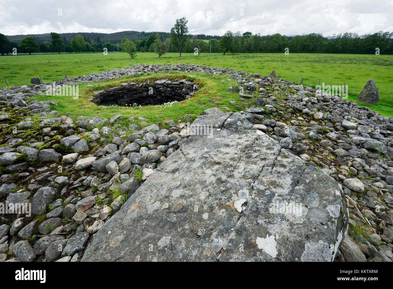 Corrimony Bronze Age chambered cairn showing massive cup-marked slab probably the capstone. Glen Urquhart, Highland, Scotland Stock Photo