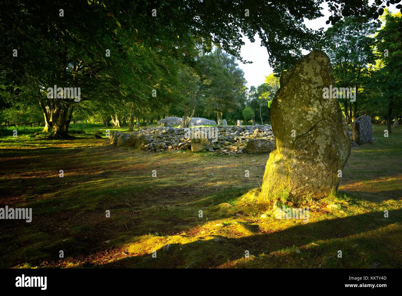 N.E. over the central and northern cairns of the 3 Clava Cairns, Inverness, Scotland. Prehistoric Bronze Age burial tombs Stock Photo