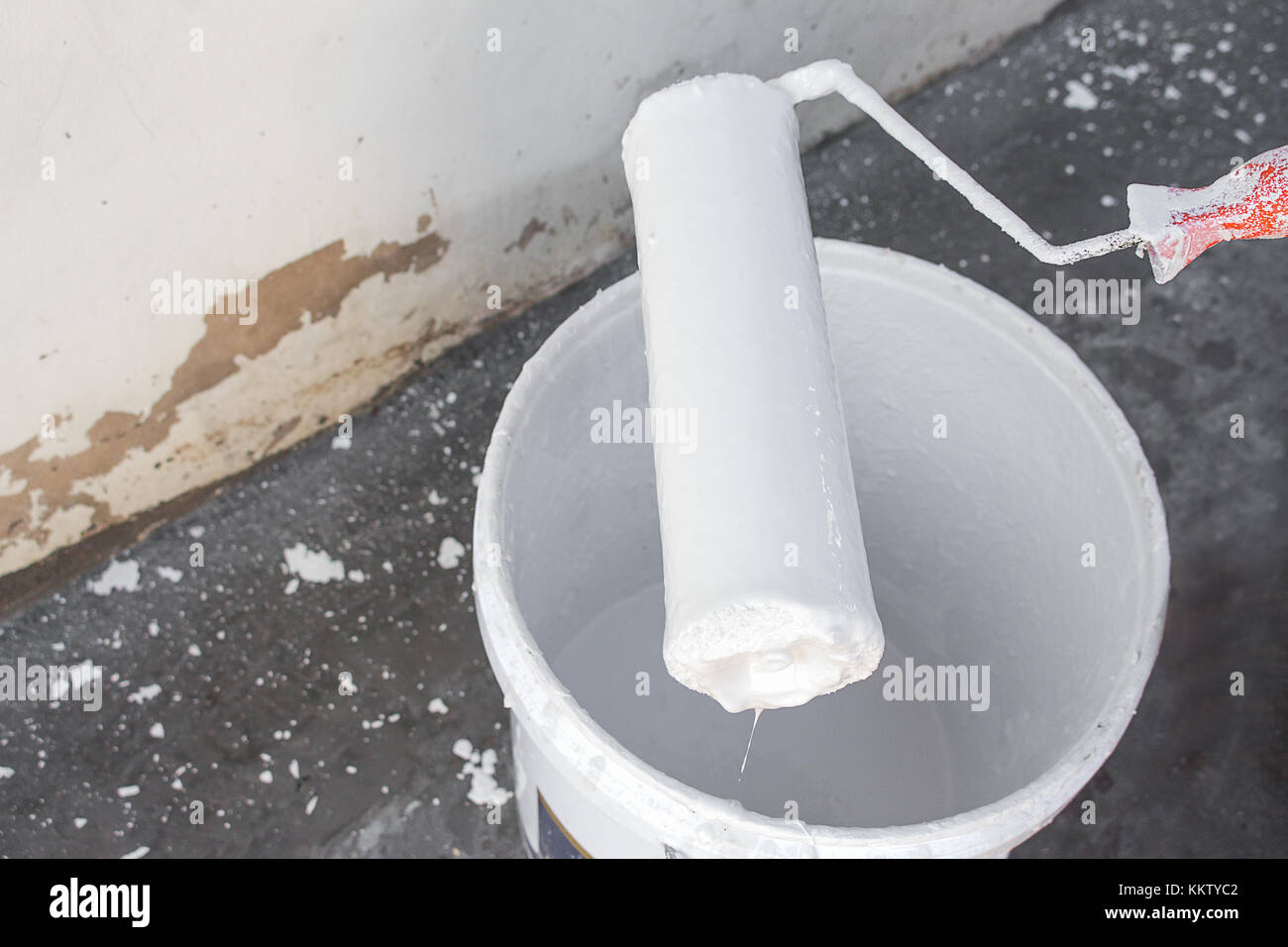 White paint dripping with paint roller, on the edge paint bucket
