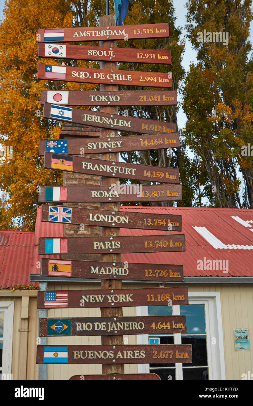 Distance sign at Hotel La Leona, Route 40, Patagonia, Argentina, South America Stock Photo