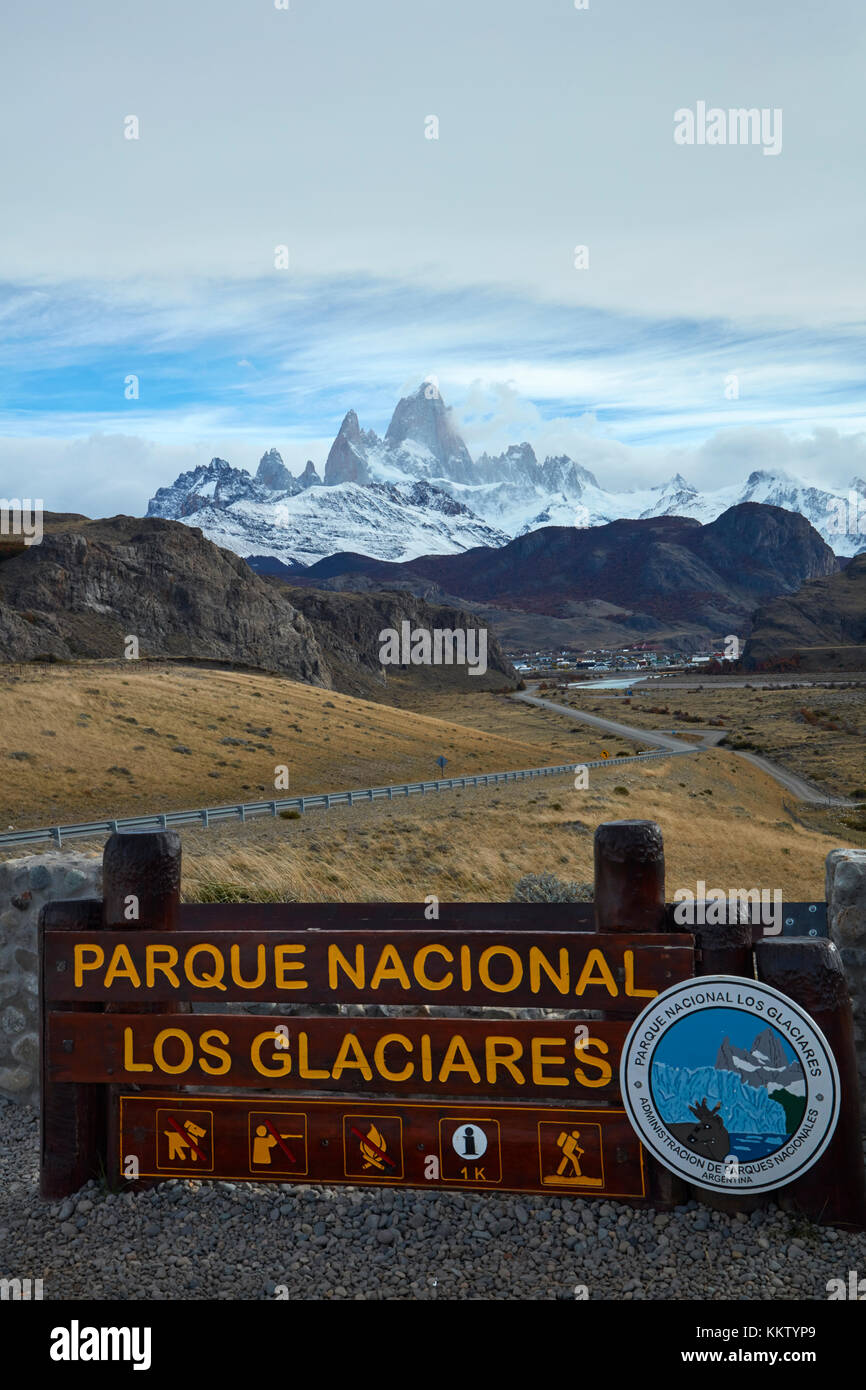 Mount Fitz Roy, and El Chalten, Parque Nacional Los Glaciares (World Heritage Area), Patagonia, Argentina, South America Stock Photo