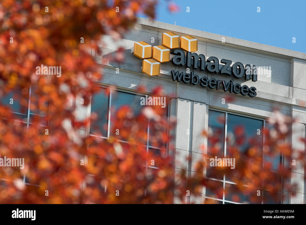 A logo sign outside of a facility occupied by Amazon Web Services (AWS) in Herndon, Virginia on November 26, 2017. Stock Photo