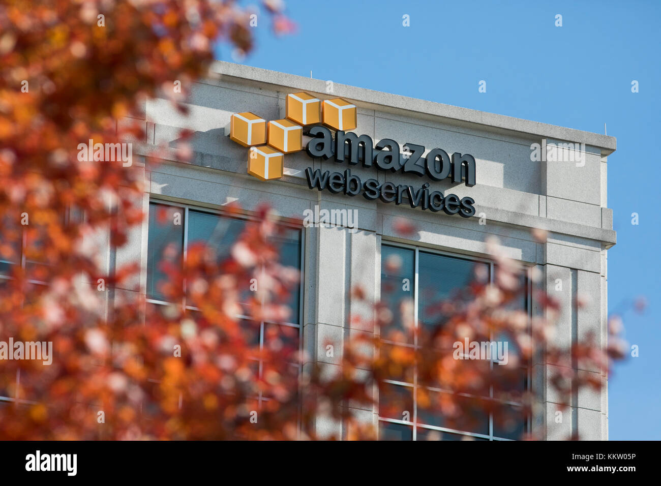 A logo sign outside of a facility occupied by Amazon Web Services (AWS) in Herndon, Virginia on November 26, 2017. Stock Photo