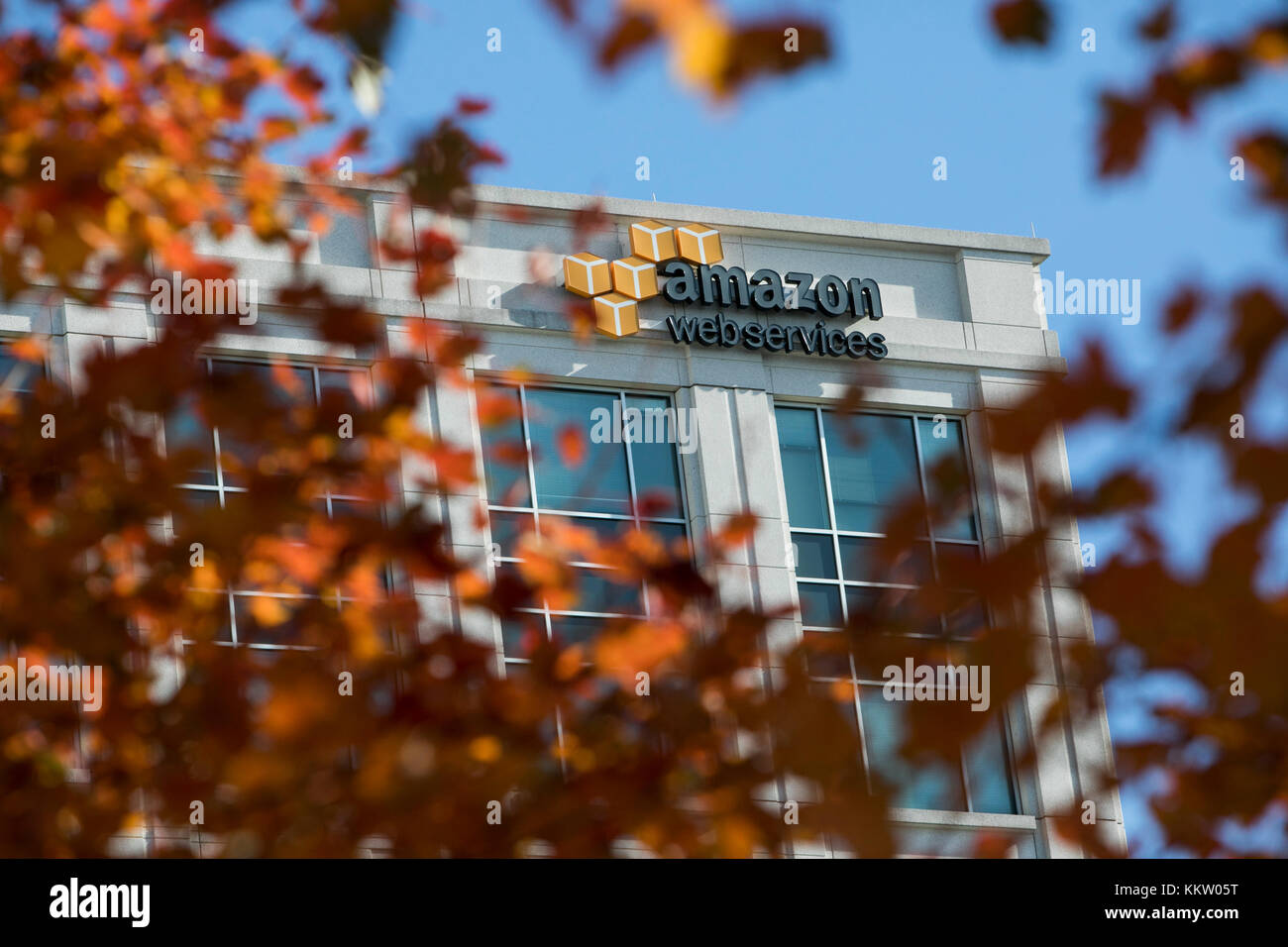 A logo sign outside of a facility occupied by Amazon Web Services (AWS) in Herndon, Virginia on November 26, 2017. Stock Photo