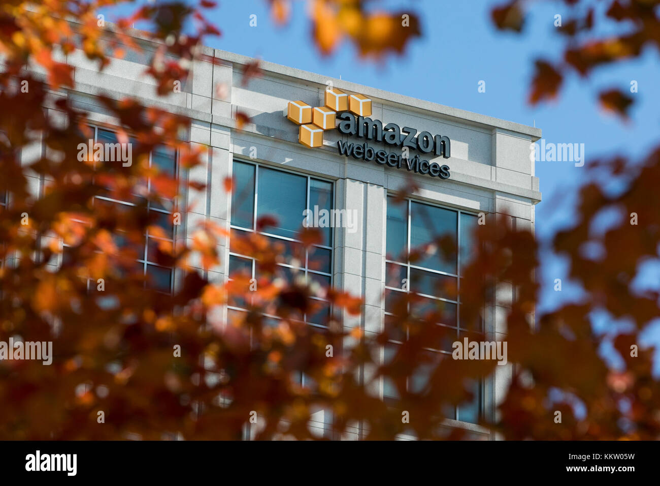 A logo sign outside of a facility occupied by Amazon Web Services (AWS) in Herndon, Virginia on November 26, 2017. Stock Photo