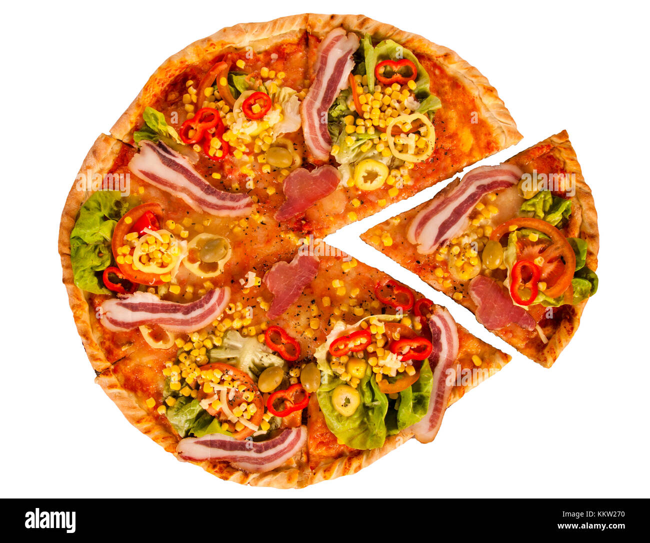 Whole gourment pizza isolated on white background, from above Stock Photo