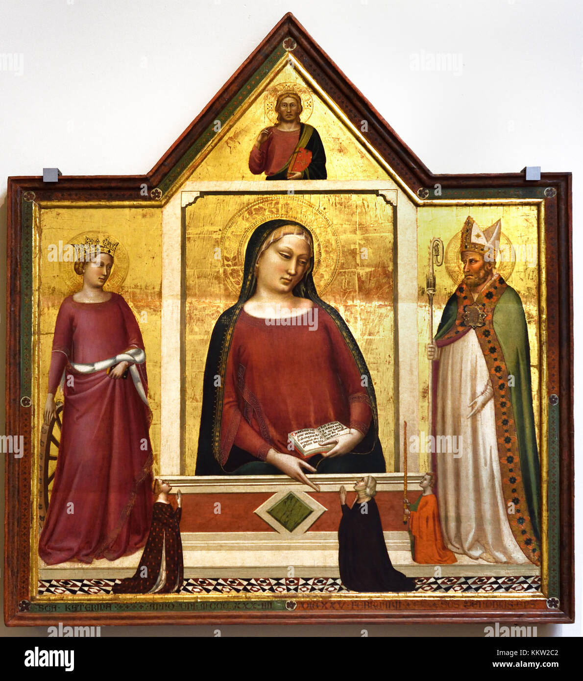 Madonna tra Santa, Caterina of Alessandra, San Zanobi, and Donatori, 1335 Bernardo Daddi 1280 – 1348 , Florence Italy Italian Stock Photo