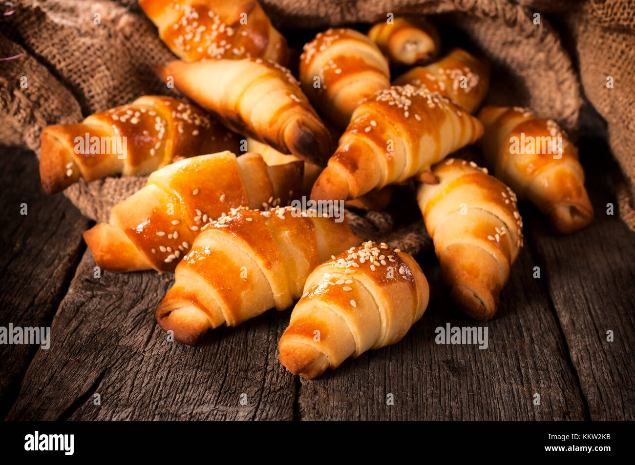 Selective focus on the front mini croissant Stock Photo