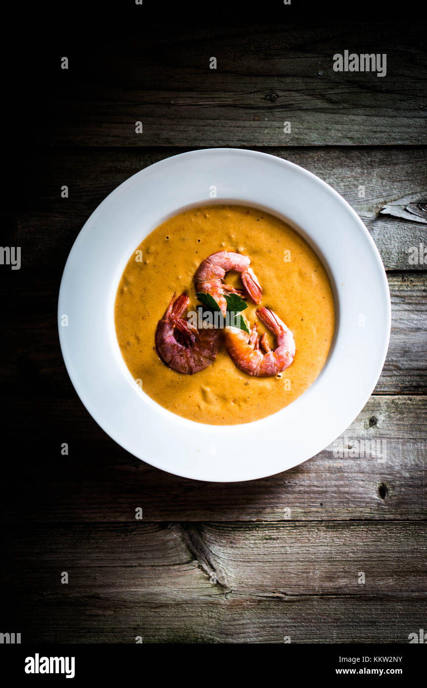 Shrimp Soup With Mussels On Rustic Background Stock Photo