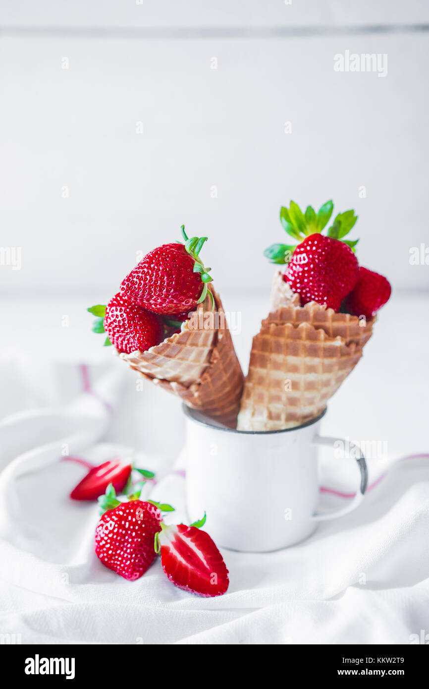 Strawberries in waffle cones Stock Photo