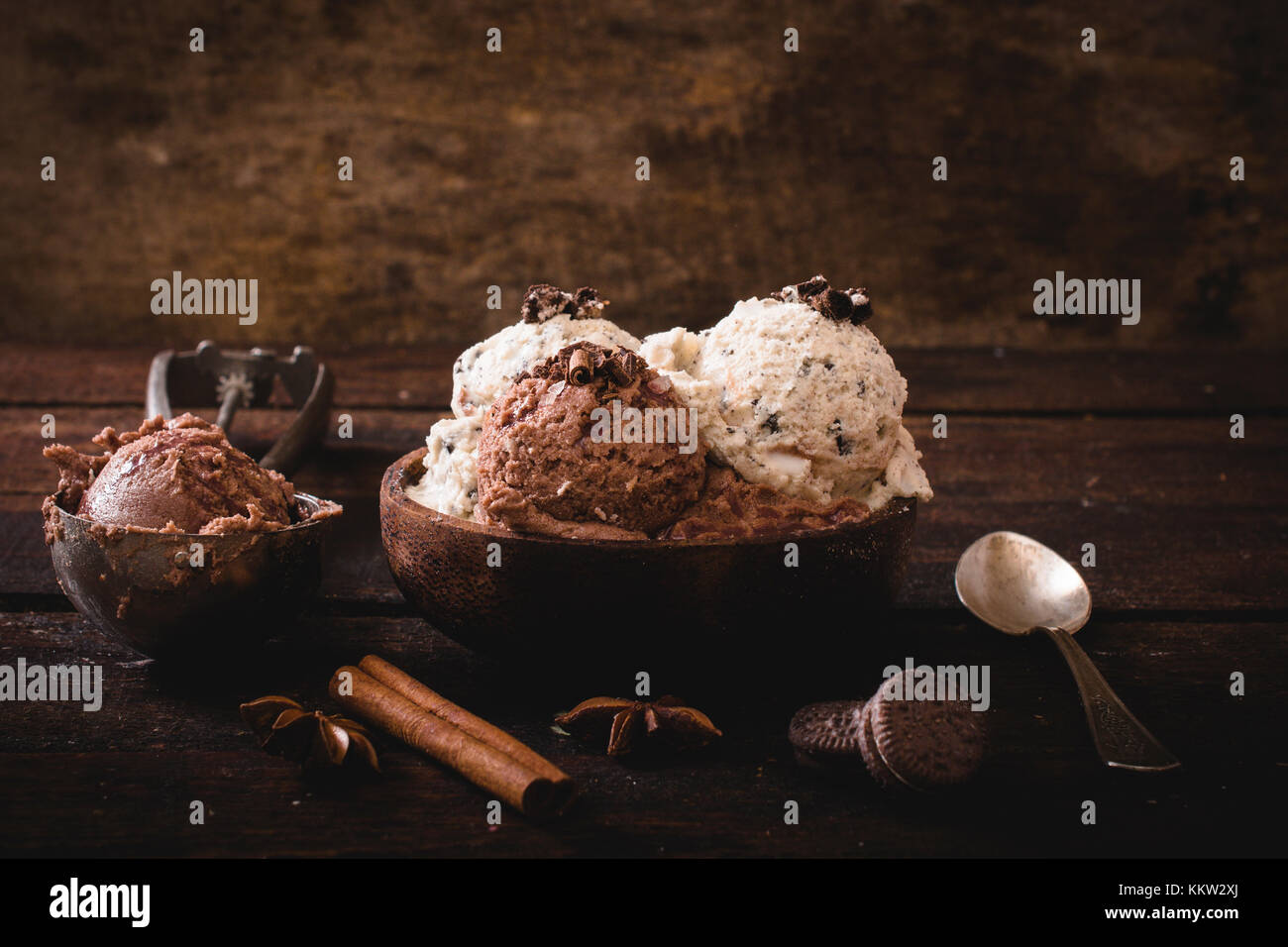 Sweet homemade ice cream in wooden bowl,selective focus Stock Photo