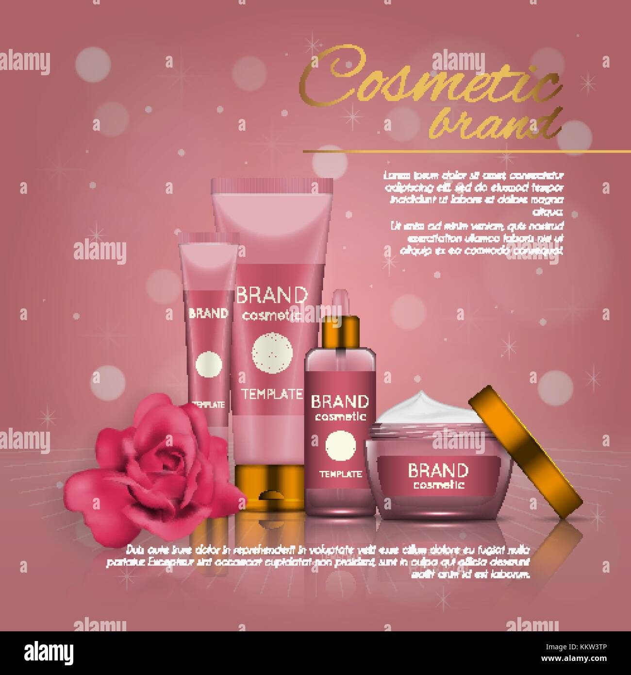 Vector 3D cosmetic illustration with rose and bokeh background. Beauty