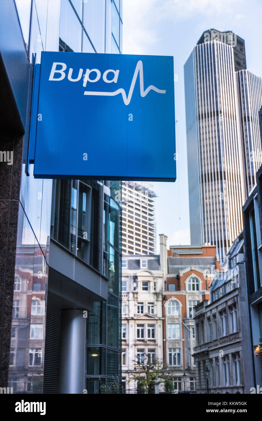 Bupa with The Leadenhall Building (Tower 42) in the background, London, EC2, UK. Stock Photo