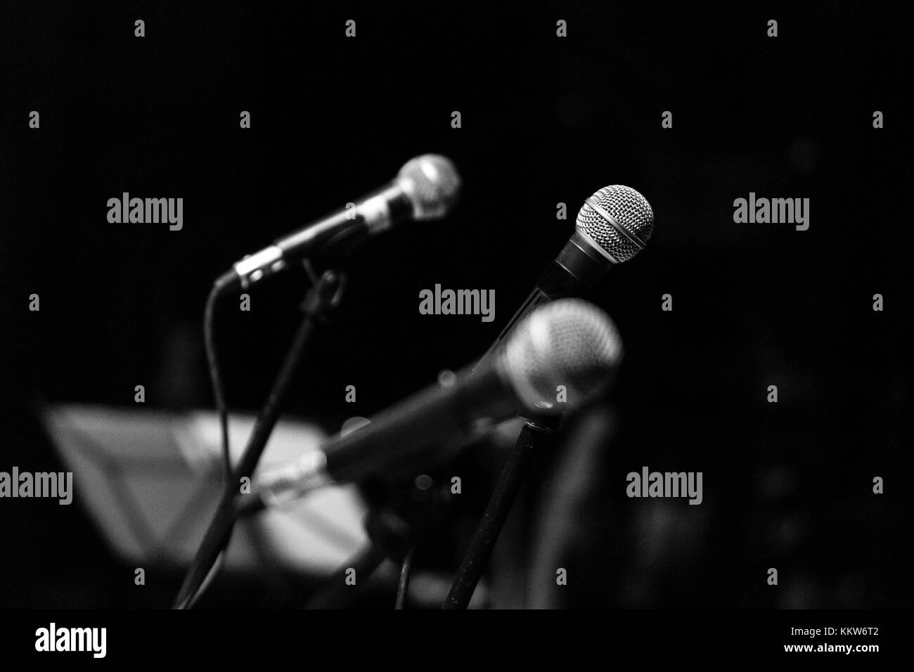 Three microphones used during a musical concert. Stock Photo