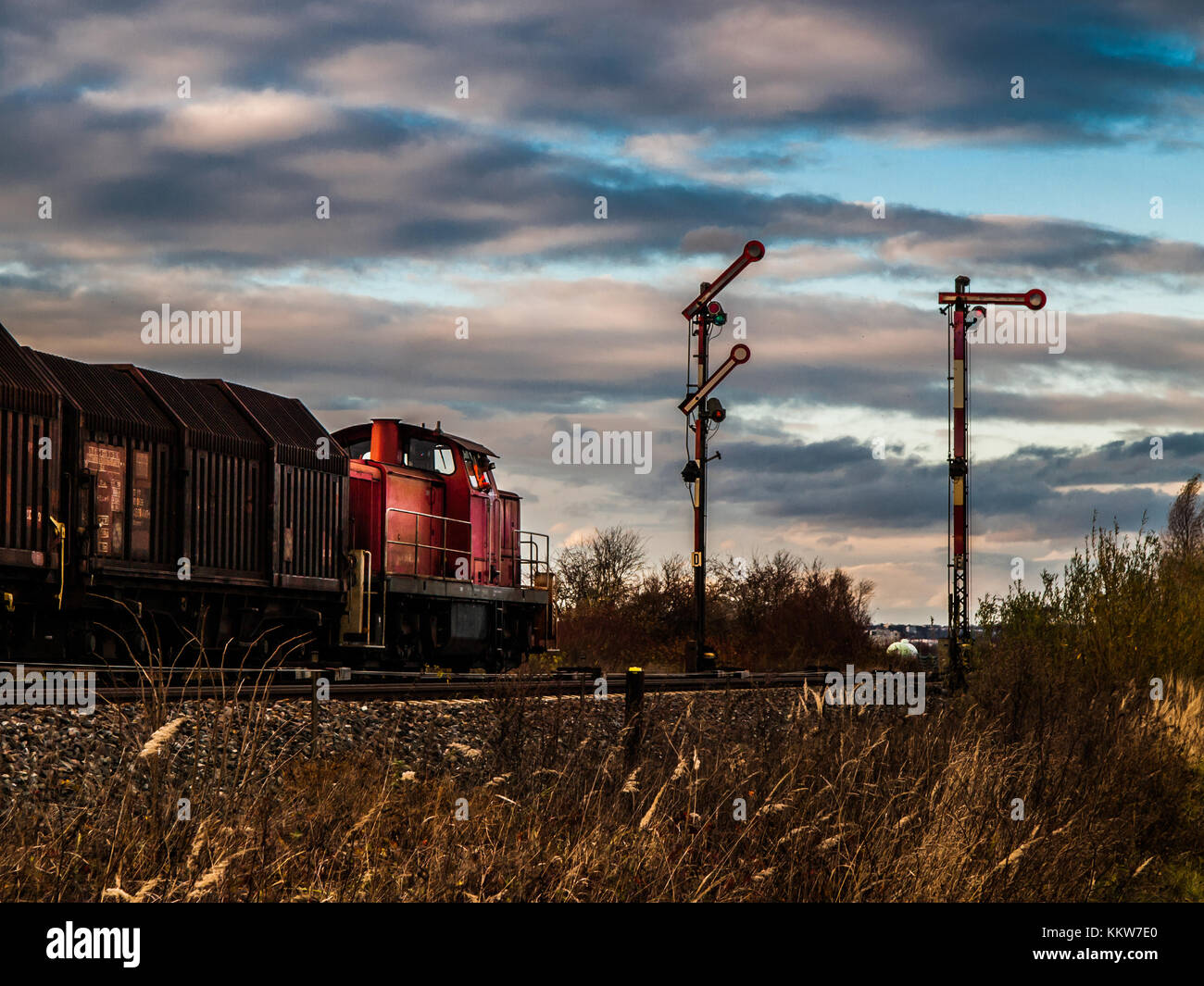 freight train getting signal to start Stock Photo