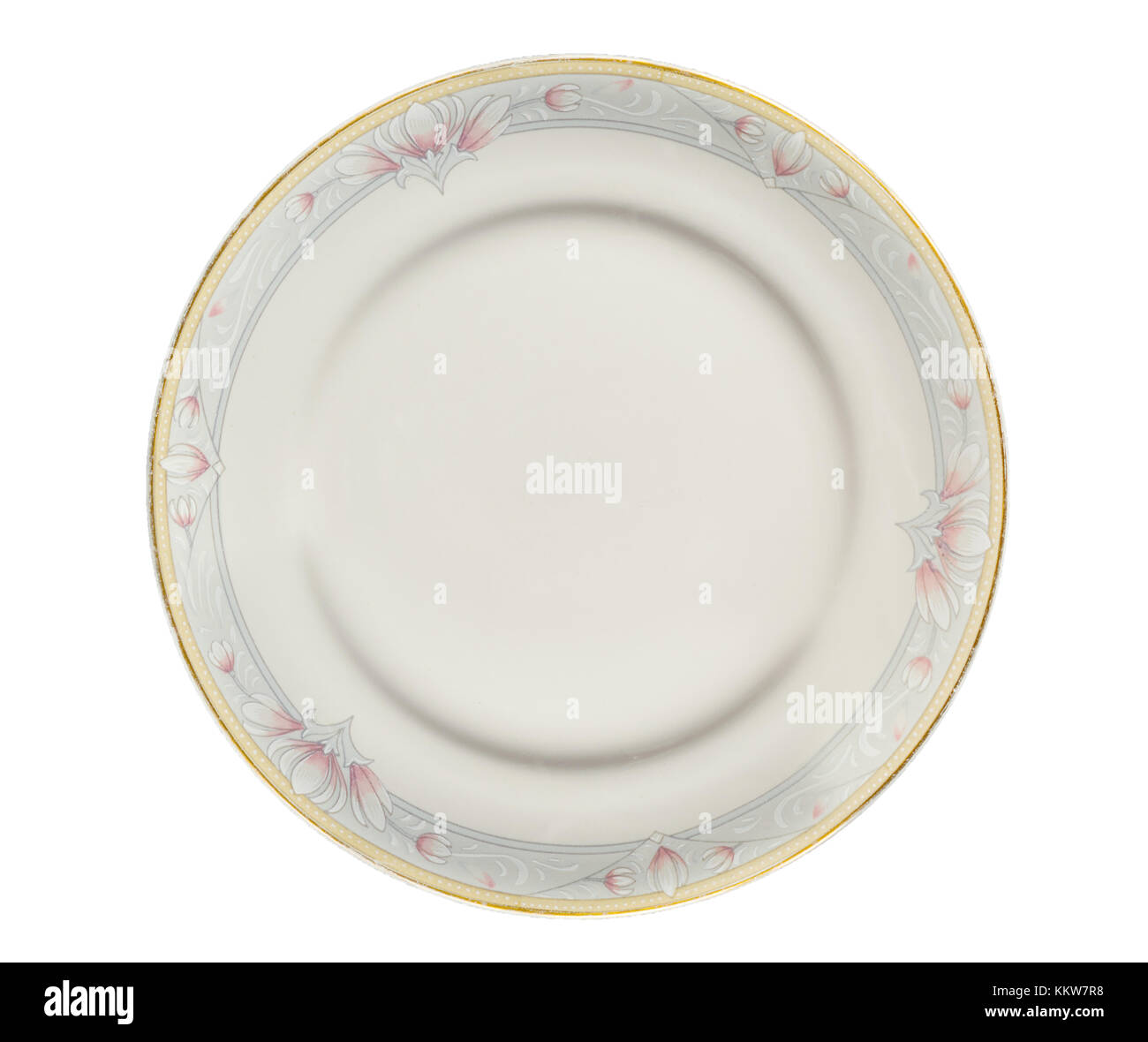 Porcelain or ceramic white plate, ordinary, with unique rose flower patterns, on a isolated white background Stock Photo