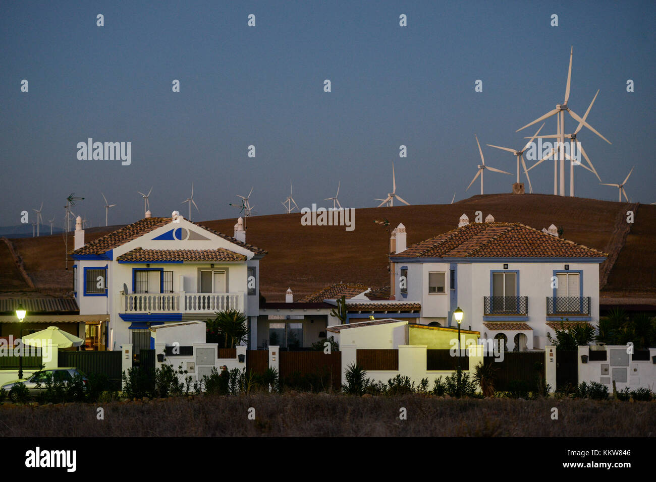 Spain, Andalusia, Cadiz, Zahara de los Atunes, wind farm in the mountains Stock Photo