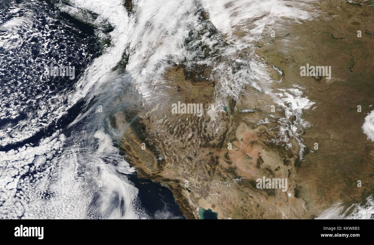 Smoke from massive forest fires burning in Northern California wine country are seen by the MODIS cameras aboard the Terra satellite October 10, 2017 in Earth Orbit. The fires have consumed hundreds of thousands of acres, resulting in significant loss of life, injuries and heavy property losses. Stock Photo