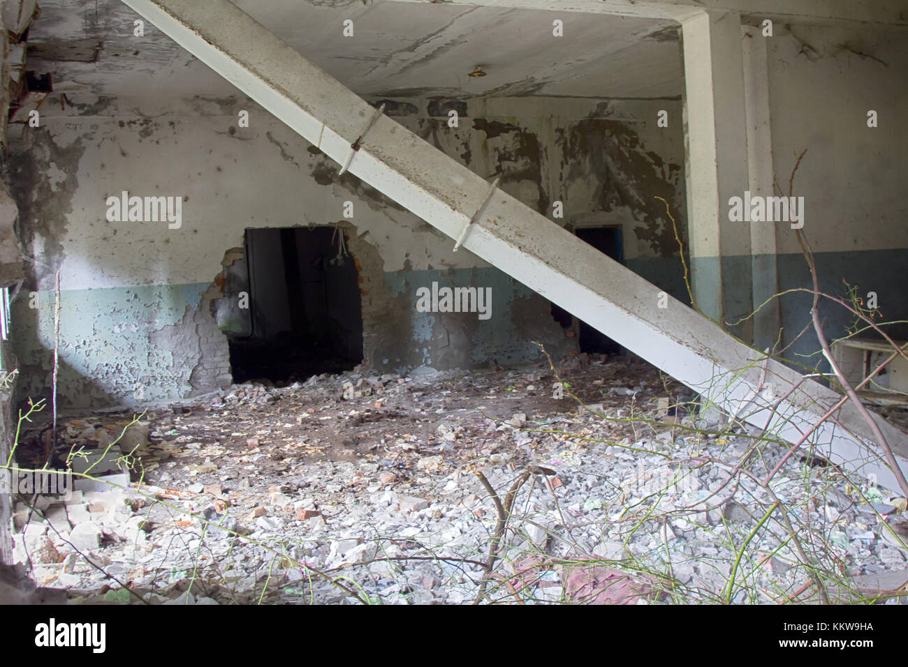 Abandoned people home (terrible interior). Attractiveness and awfulness of abandoned buildings (ghost town, forsaken house) for urban culture and succ Stock Photo