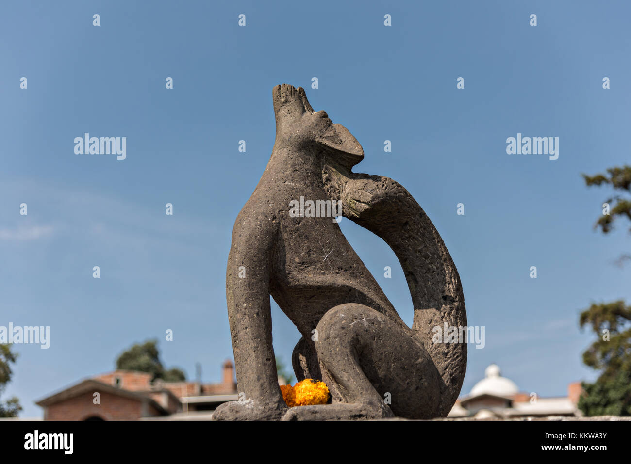 A sculpture of a coyote decorates the town square in the tiny Purepecha town of Ihuatzio, Michoacan, Mexico. Stock Photo