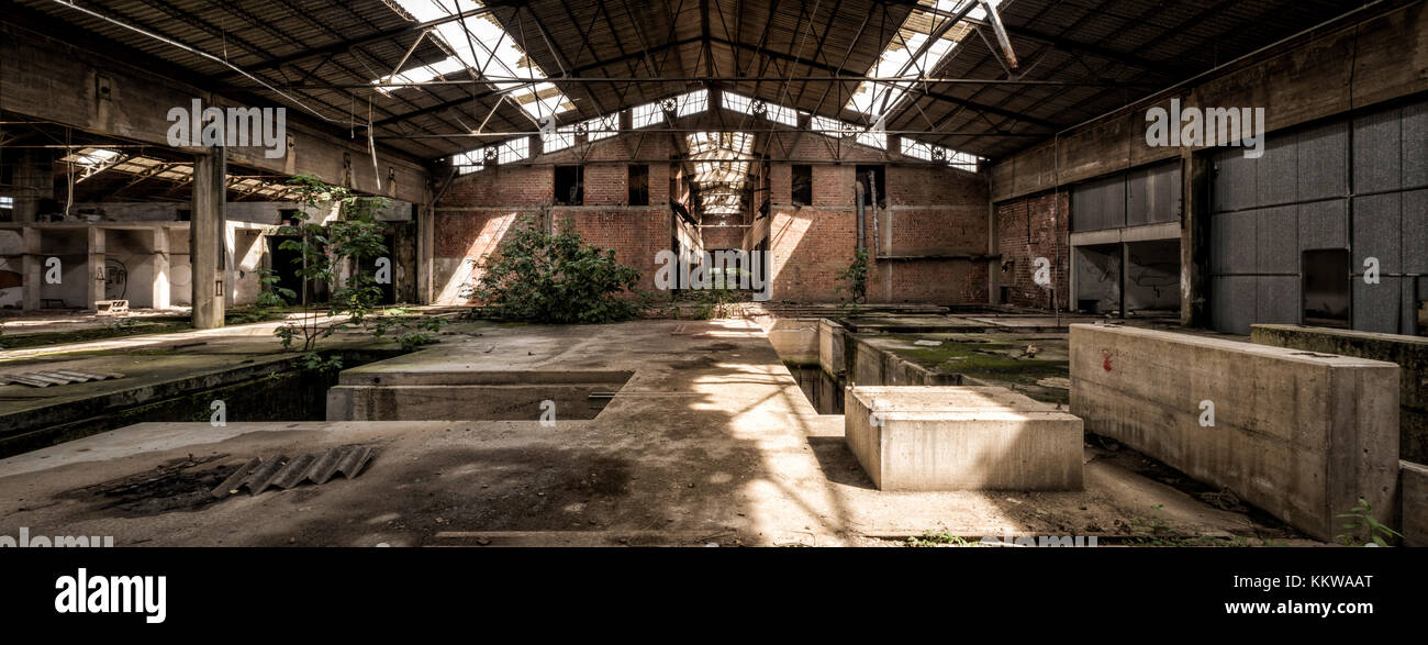 Panorama view of interior in abandoned factory, central perspective Stock Photo