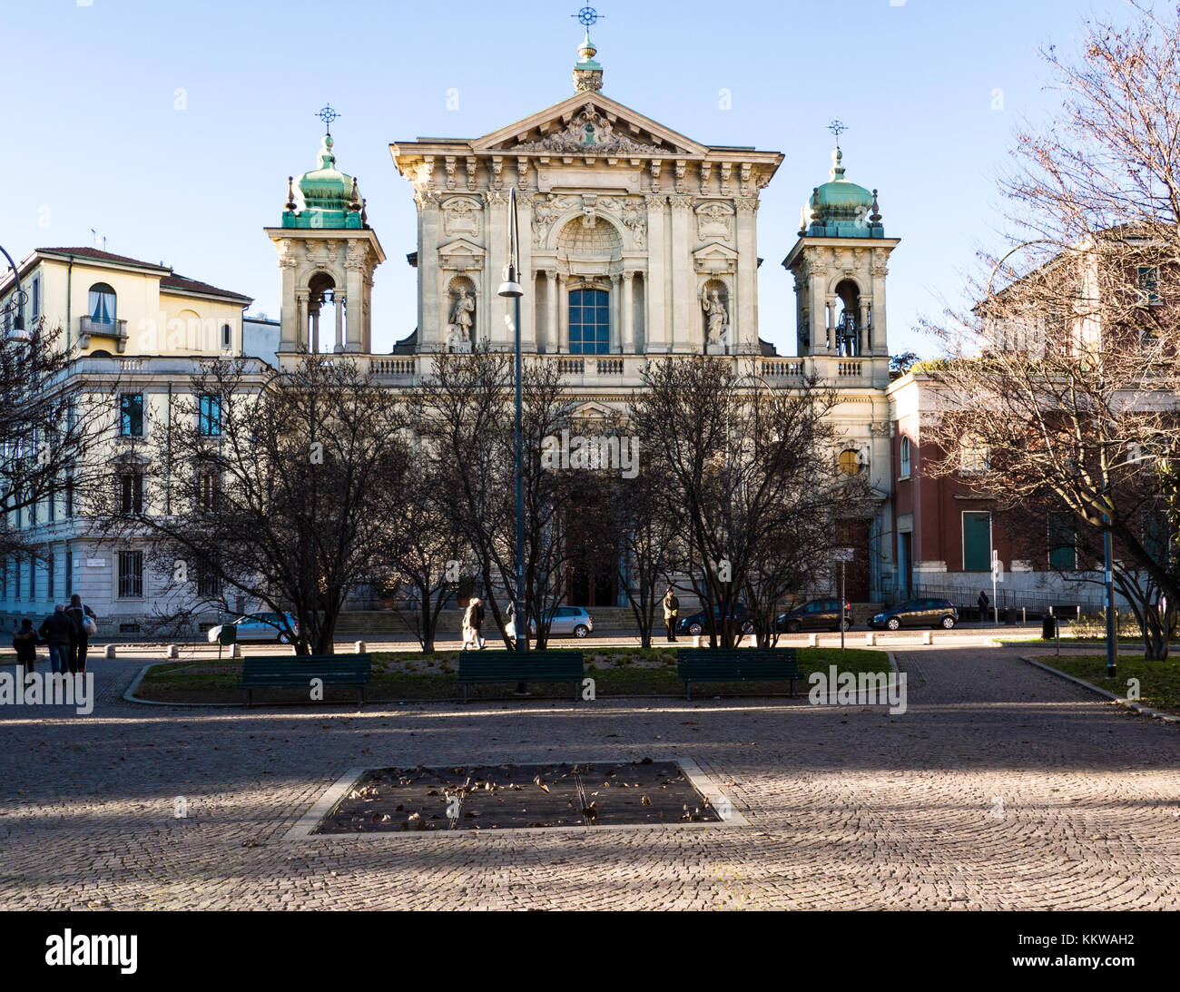 church with two bell towers in Milan, Italy Stock Photo