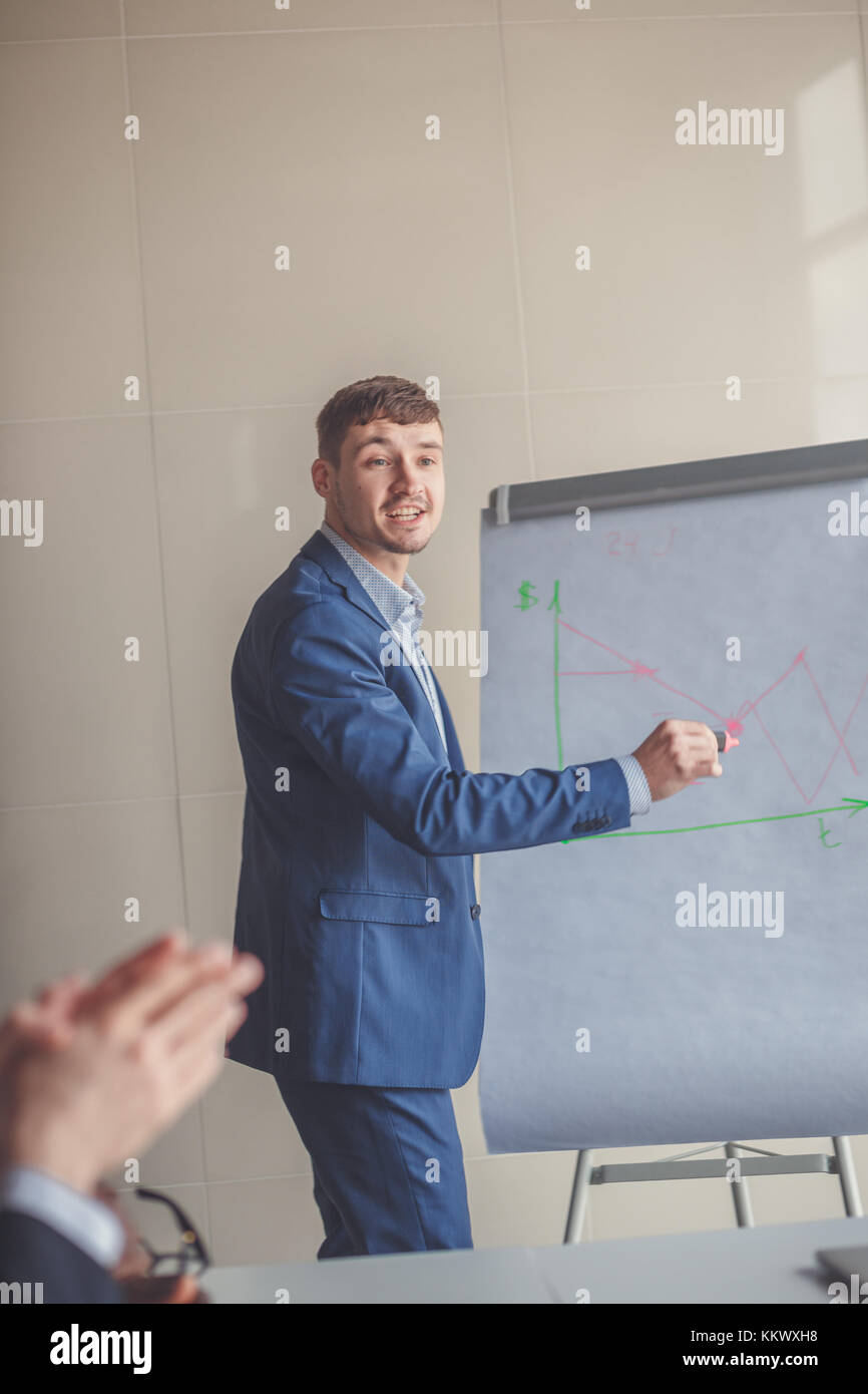 Business plan explained on flipchart by CEO to employees Stock Photo