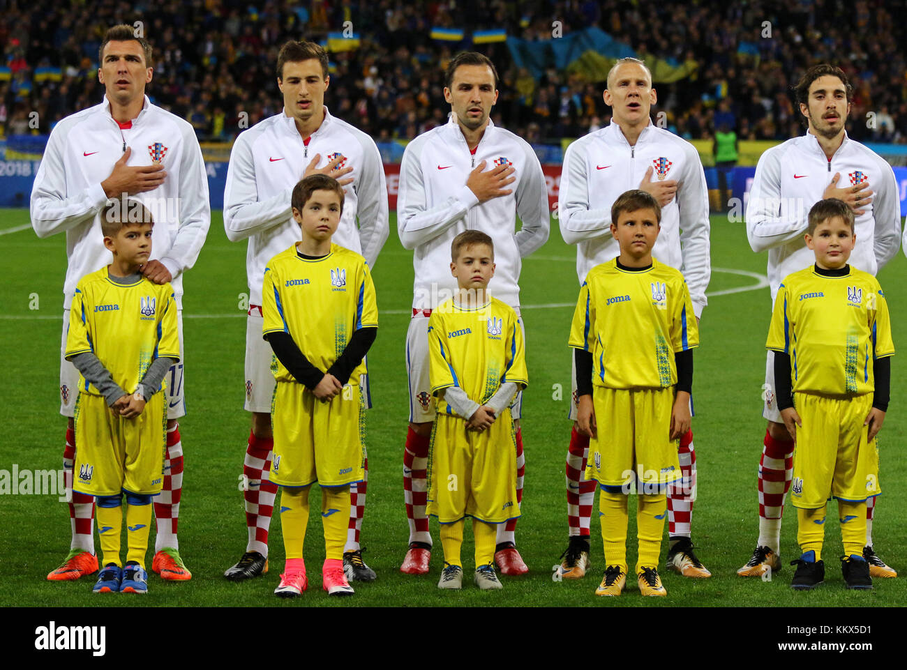 KYIV, UKRAINE - OCTOBER 9, 2017: Croatian players listen to national anthem before the FIFA World Cup 2018 qualifying game against Ukraine at NSC Olim Stock Photo