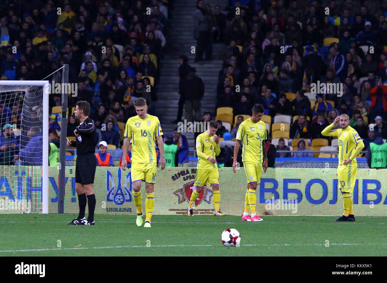 KYIV, UKRAINE - OCTOBER 9, 2017: Ukrainian footballers react after missed a goal during FIFA World Cup 2018 qualifying game against Croatia at NSC Oli Stock Photo
