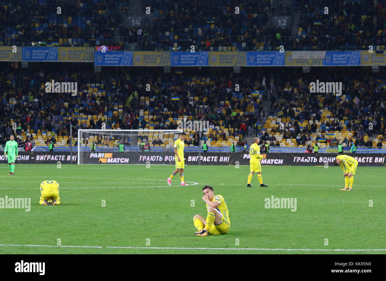 KYIV, UKRAINE - OCTOBER 9, 2017: Ukrainian footballers react after lost the FIFA World Cup 2018 qualifying game against Croatia at NSC Olimpiyskyi sta Stock Photo