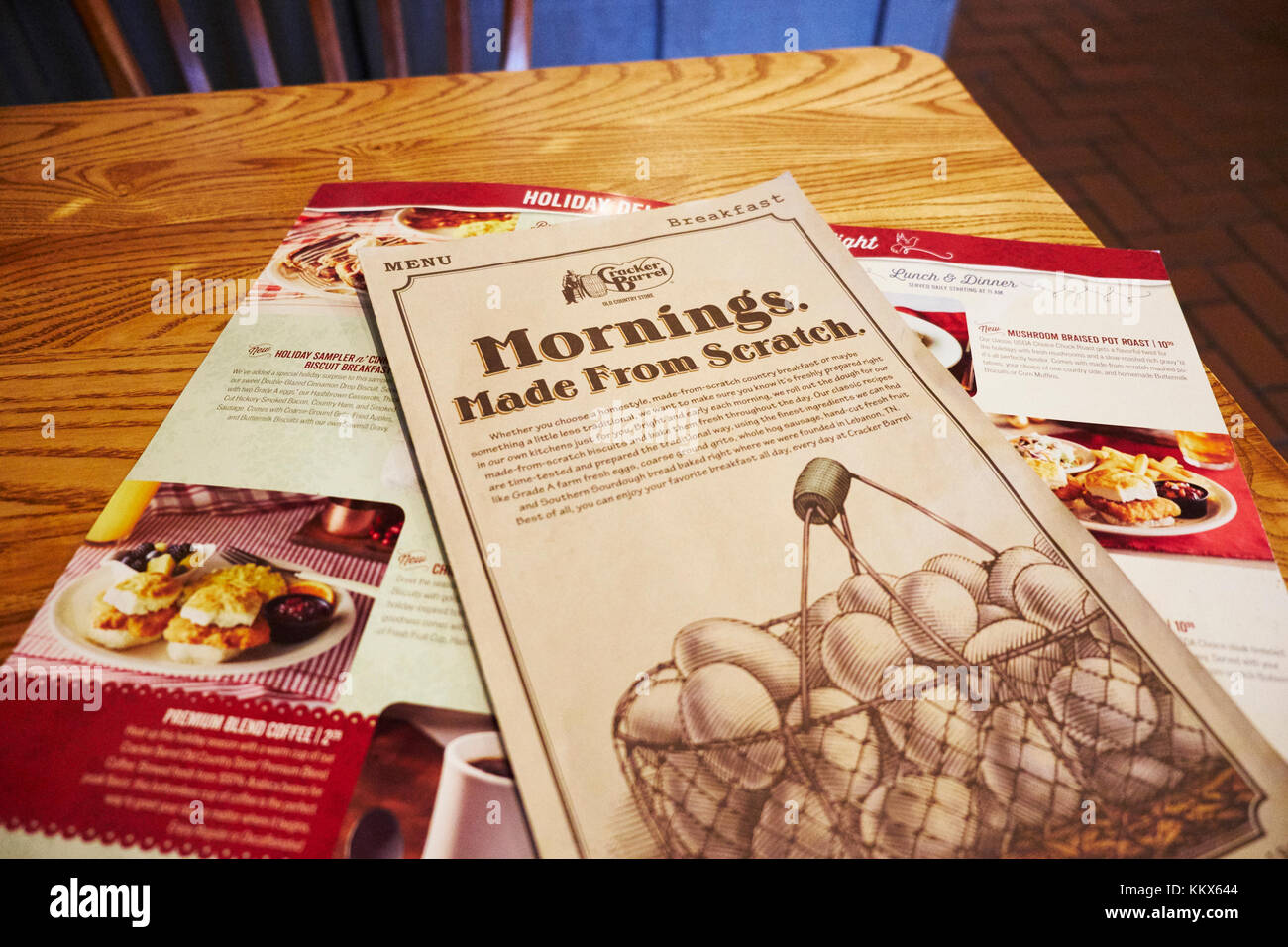 Menu on table for the breakfast meal at Cracker Barrel, Montgomery Alabama, USA. Stock Photo
