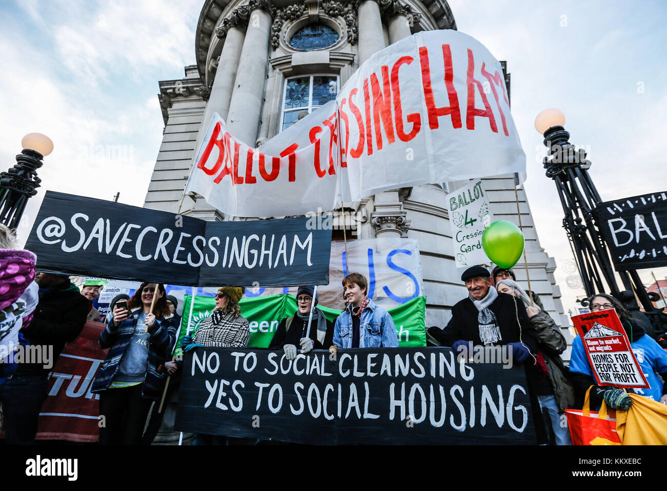 Brixton, UK. 2nd Dec, 2017. Tenants and supporters marched from Cressingham Gardens to Lambeth Town Hall in Brixton to demand a ballot on the planned redevelopment of the Cressingham Gardens estate on Brockwell Park. Credit: David Rowe/Alamy Live News Stock Photo